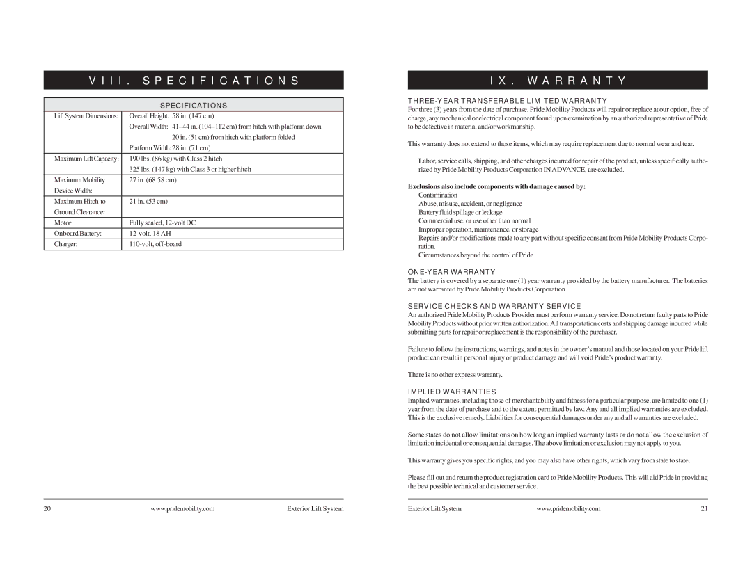 Pride Mobility Mobility Exterior LIft manual I I . Specification S, W a R R a N T Y 