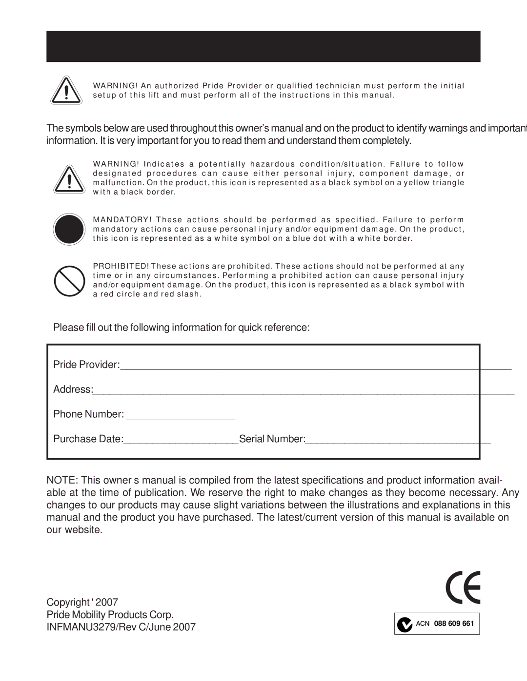 Pride Mobility Mobility Exterior LIft manual F E T Y G U I D E L I N E S 