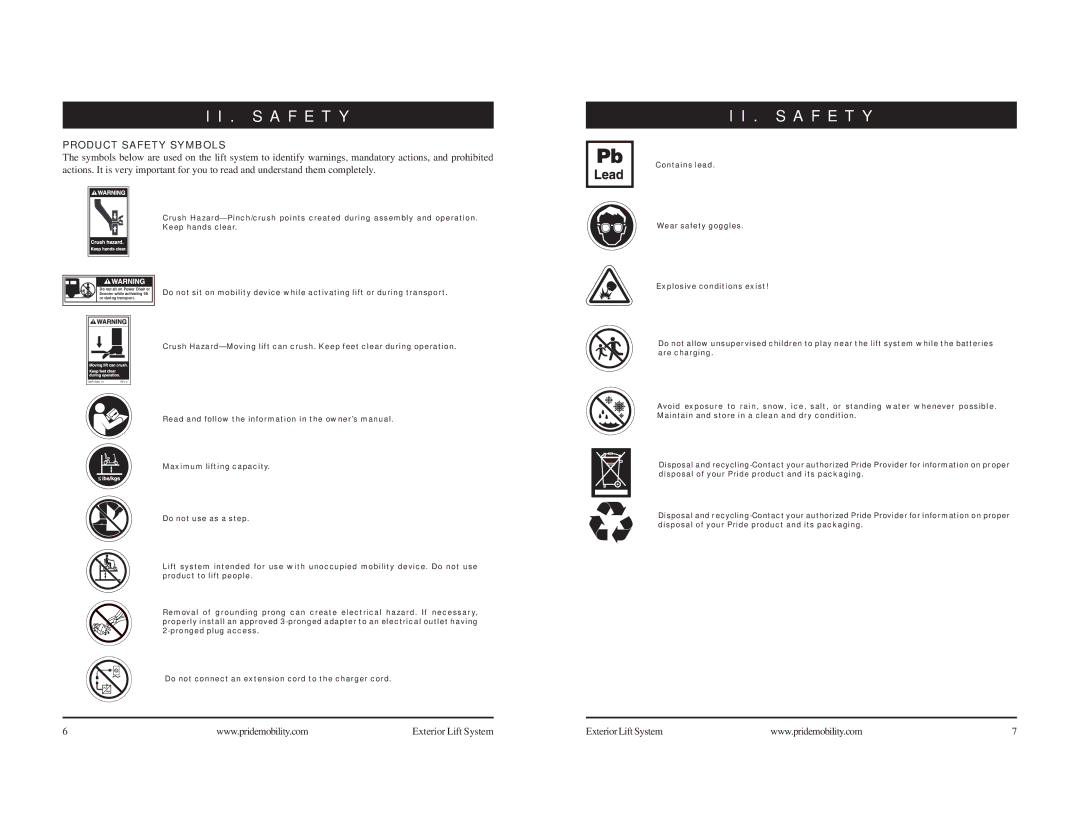 Pride Mobility Mobility Exterior LIft manual S a F E T Y, Product Safety Symbols 