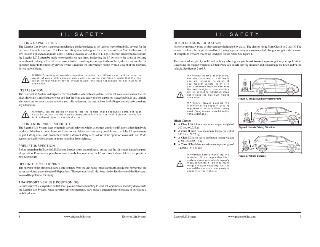 Pride Mobility Mobility Exterior LIft Lifting Capabilities, Hitch Class Information, Installation, Prelift Inspection 