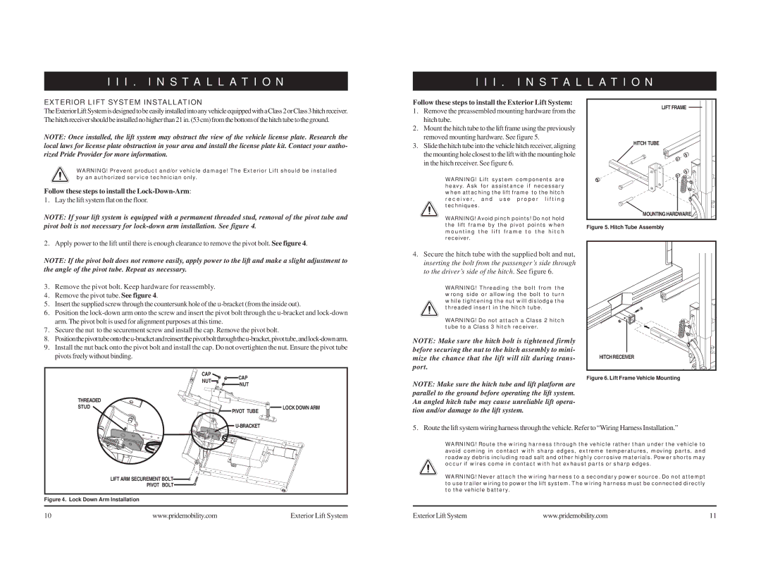 Pride Mobility Mobility Exterior LIft manual I . Installation, Exterior Lift System Installation 