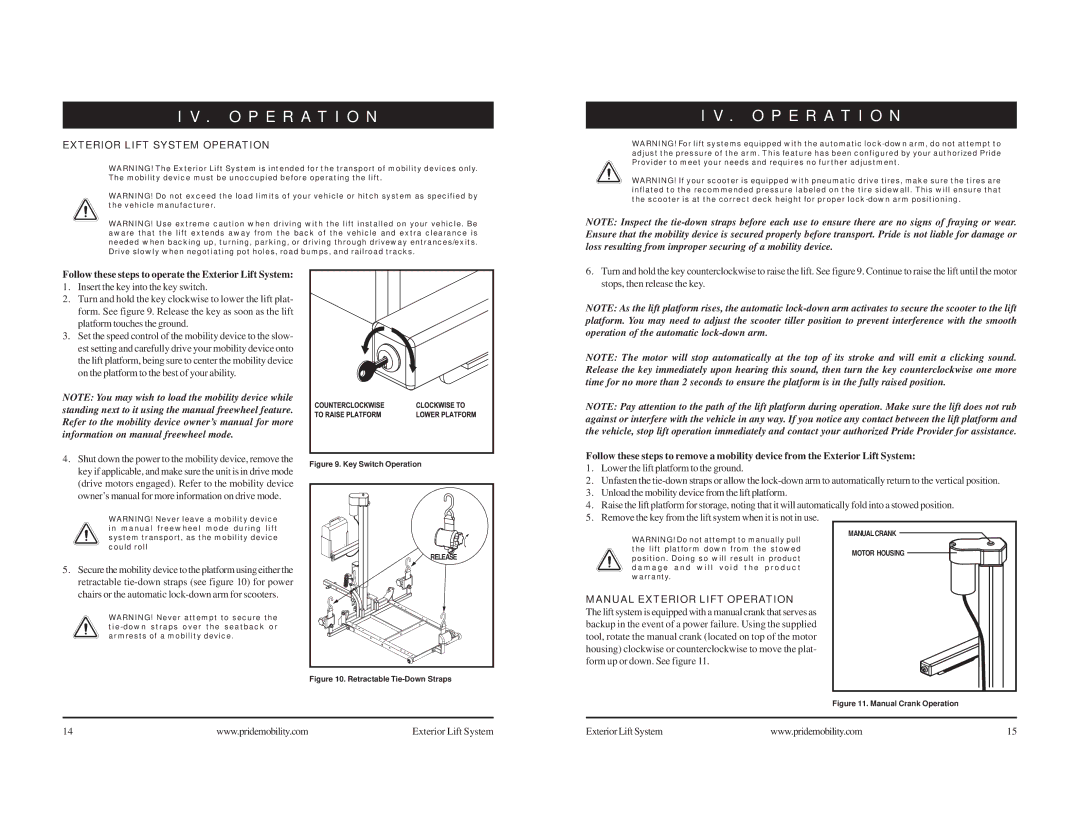 Pride Mobility Mobility Exterior LIft O P E R a T I O N, Exterior Lift System Operation, Manual Exterior Lift Operation 