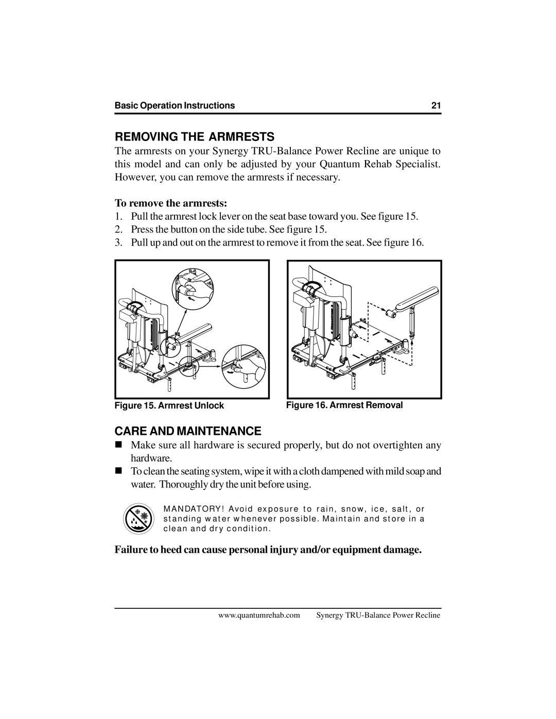 Pride Mobility Mobility Power Chair manual Removing the Armrests, Care and Maintenance, To remove the armrests 