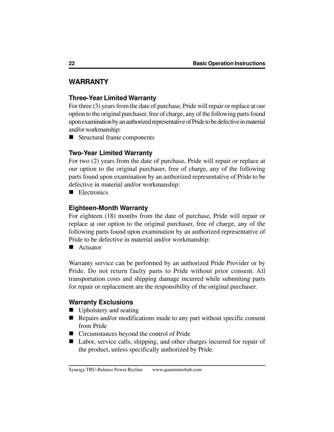 Pride Mobility Mobility Power Chair manual Three-Year Limited Warranty 