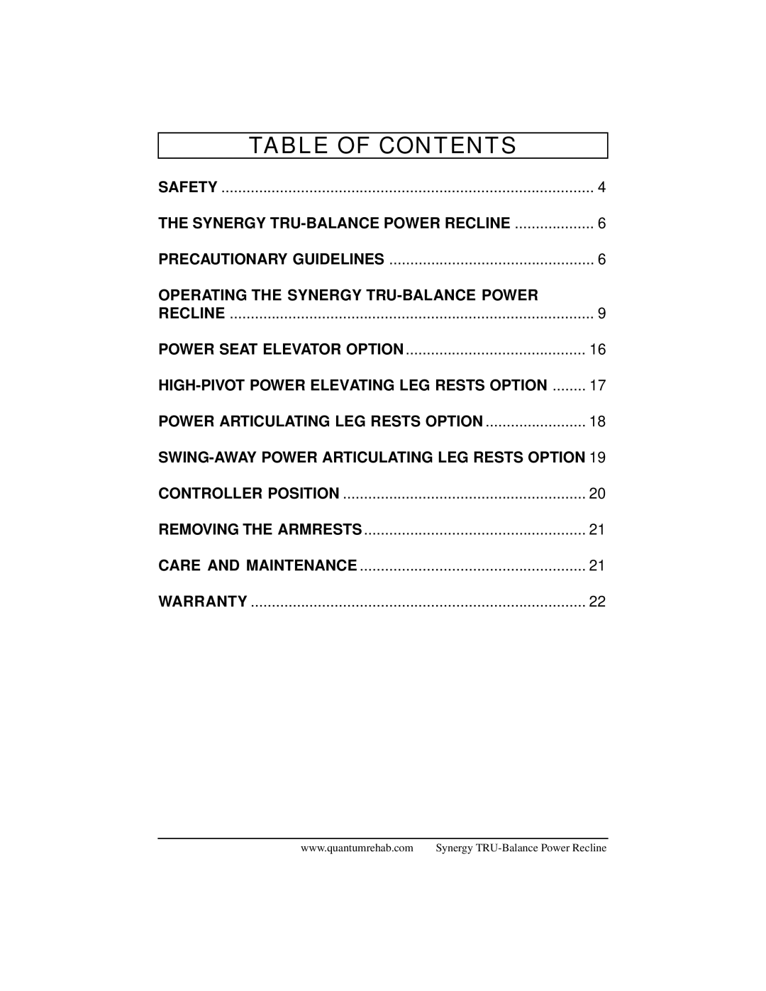 Pride Mobility Mobility Power Chair manual Table of Contents 