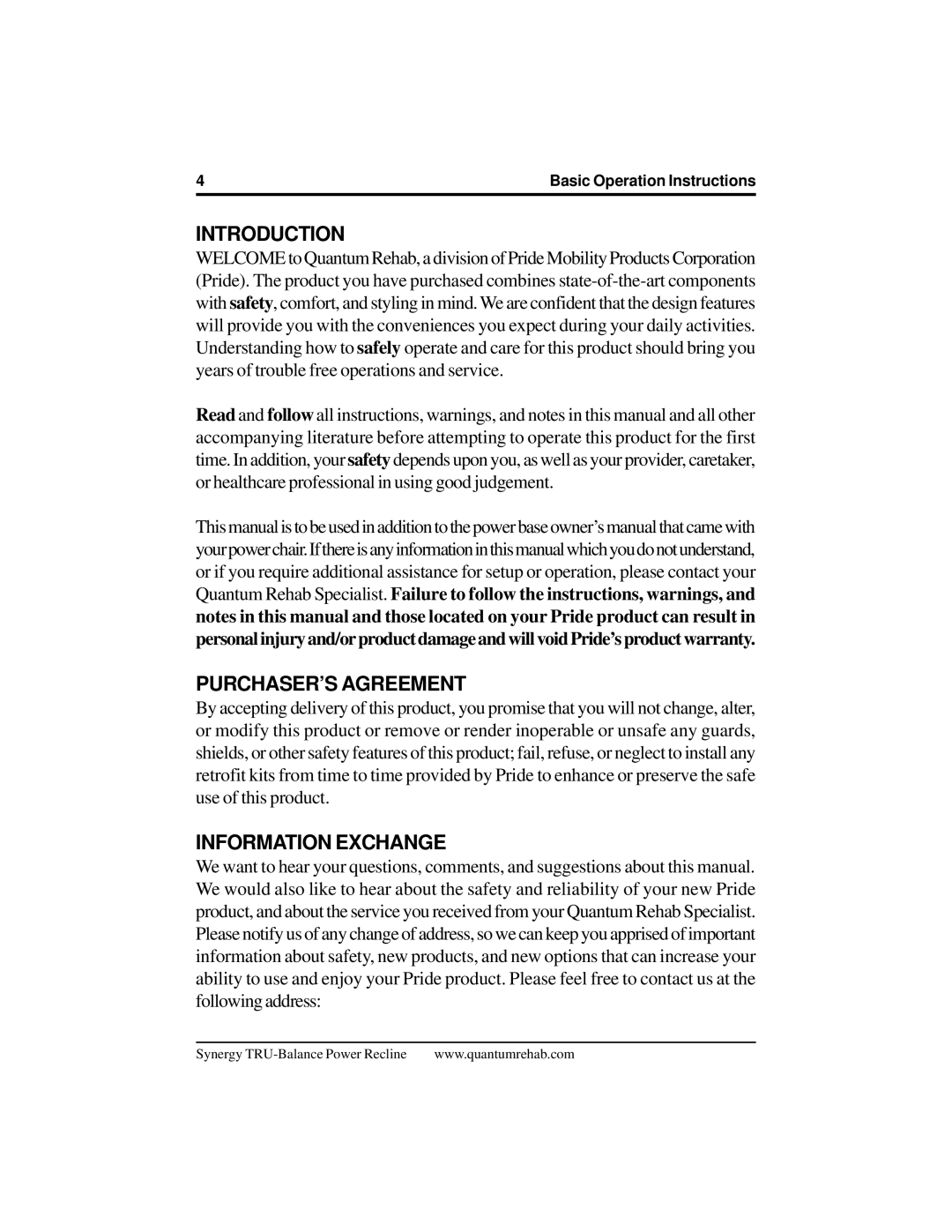 Pride Mobility Mobility Power Chair manual Introduction, PURCHASER’S Agreement, Information Exchange 