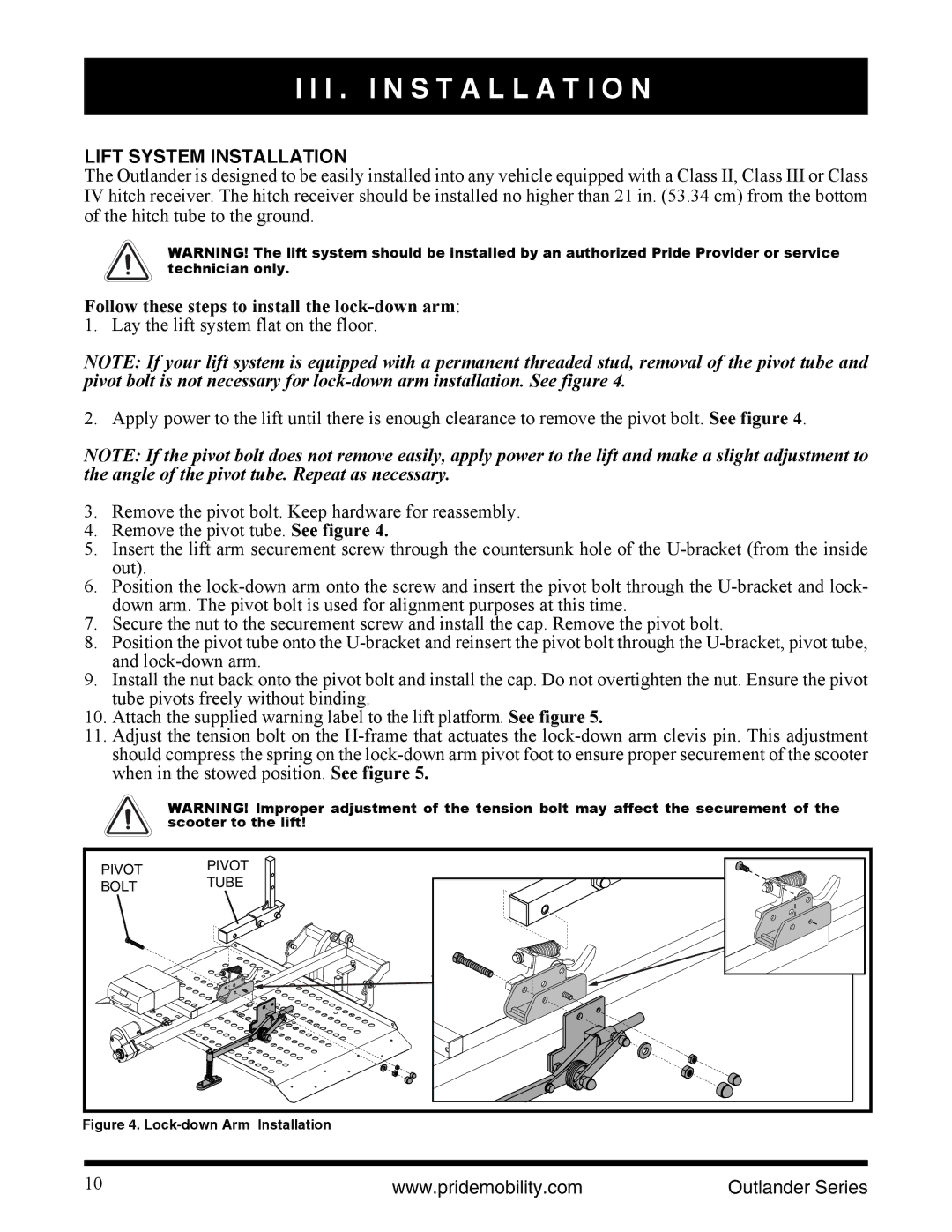 Pride Mobility Outlander XL, Outlander DE, Outlander LP manual I . Installation, Lift System Installation 