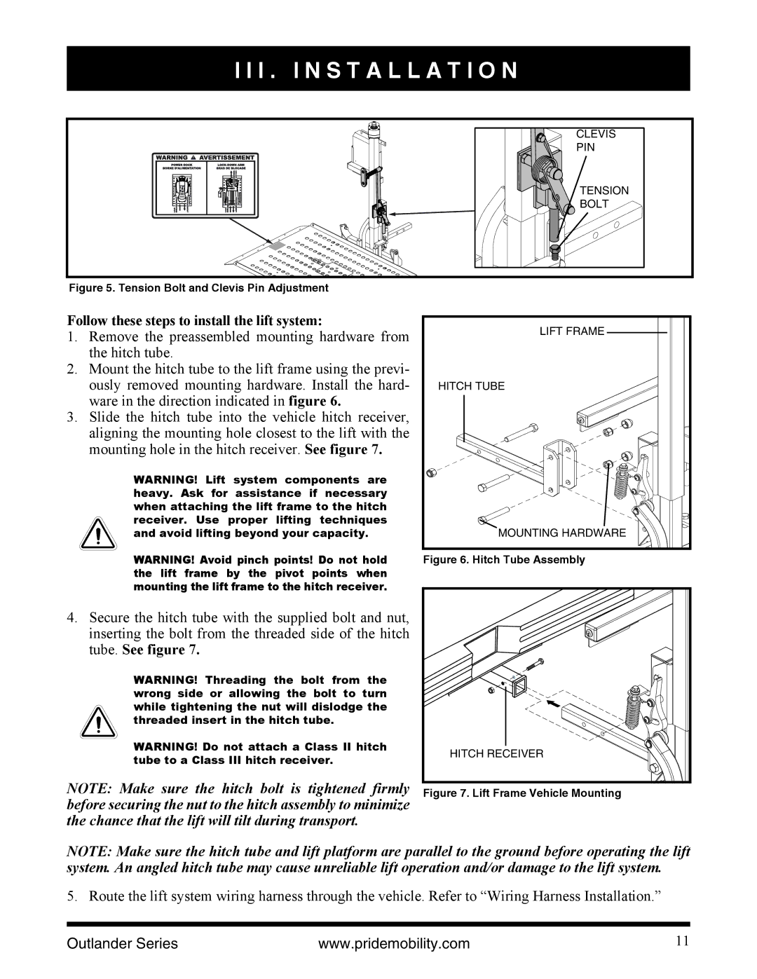 Pride Mobility Outlander manual Follow these steps to install the lift system, Tension Bolt and Clevis Pin Adjustment 