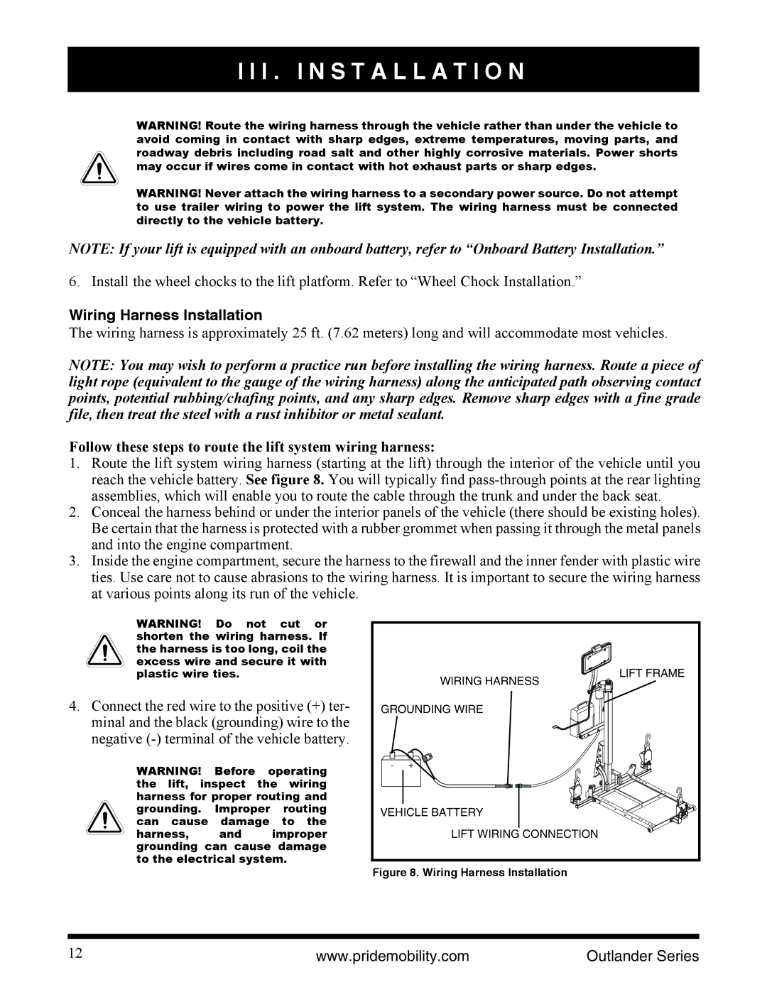 Pride Mobility Outlander DE manual Wiring Harness Installation, Follow these steps to route the lift system wiring harness 