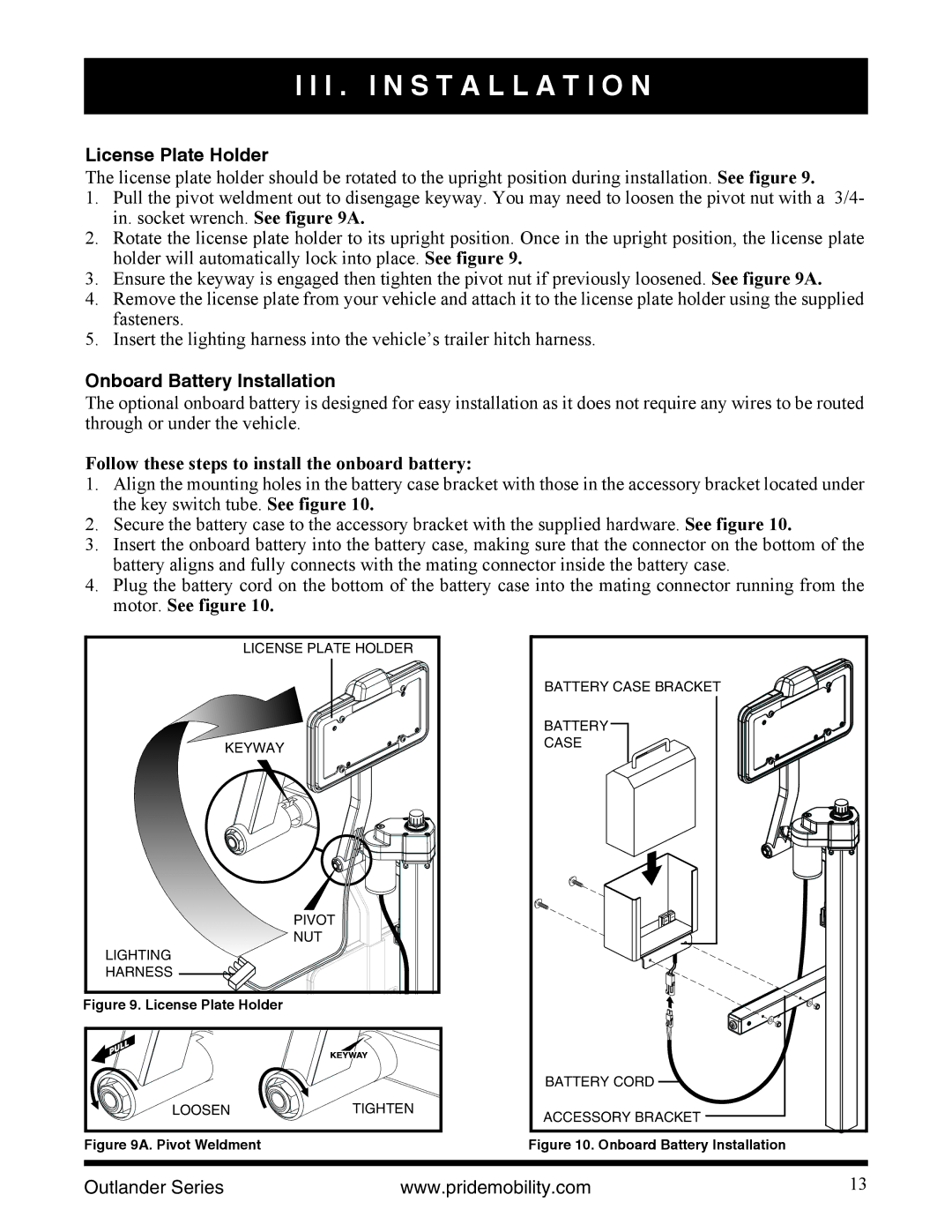 Pride Mobility Outlander LP, Outlander DE, Outlander XL manual License Plate Holder, Onboard Battery Installation 