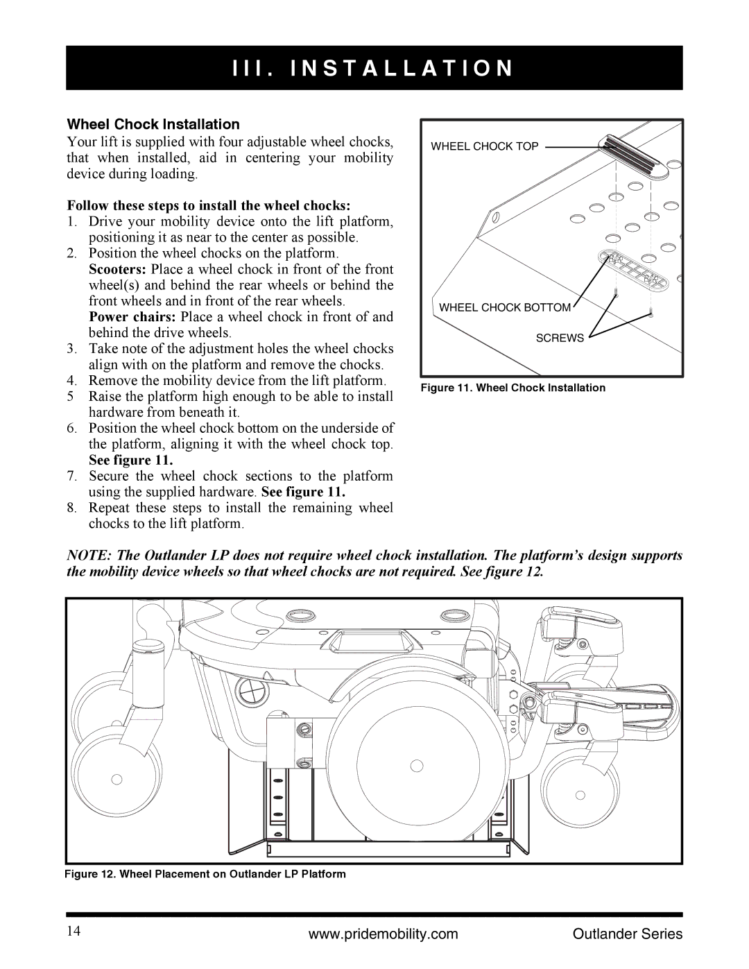 Pride Mobility Outlander XL manual Wheel Chock Installation, Follow these steps to install the wheel chocks, See figure 