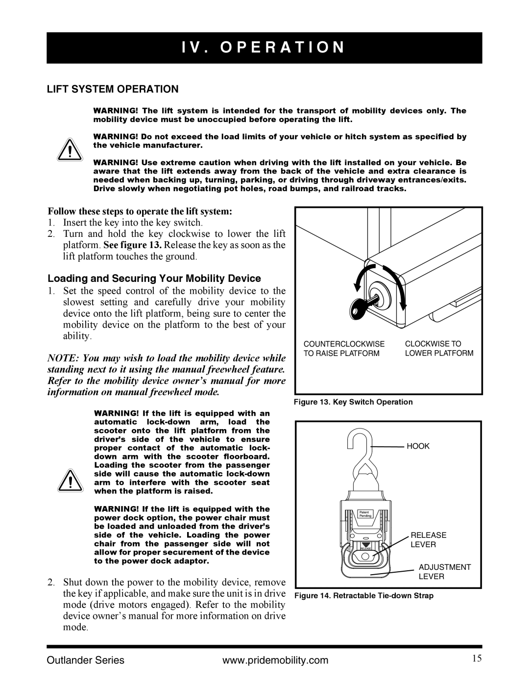 Pride Mobility Outlander manual O P E R a T I O N, Lift System Operation, Follow these steps to operate the lift system 