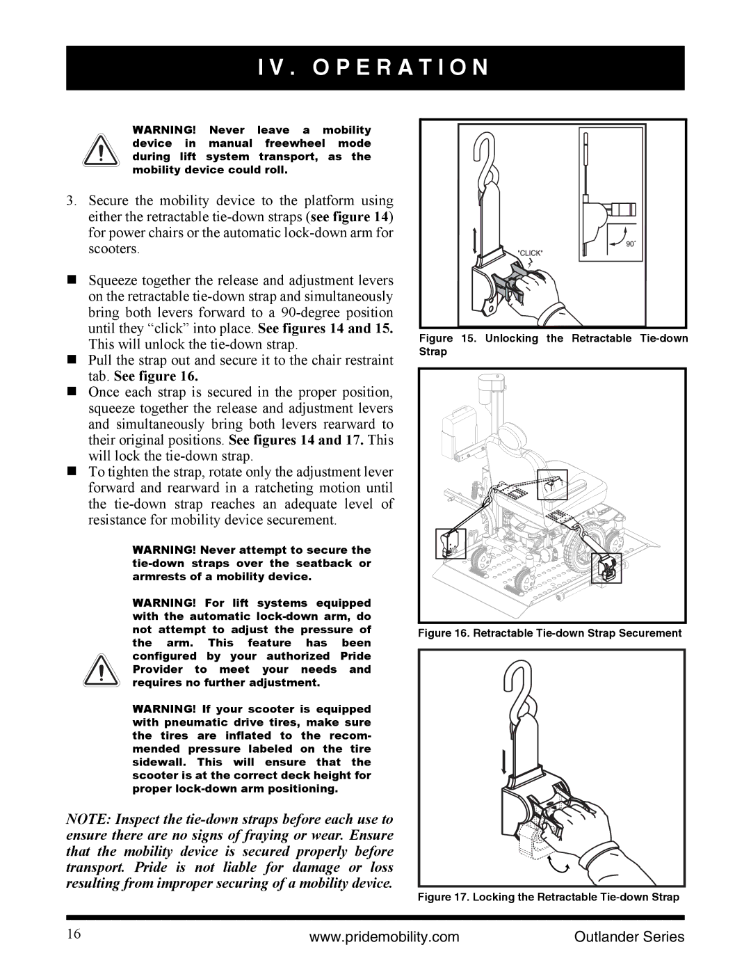 Pride Mobility Outlander DE, Outlander LP, Outlander XL manual Unlocking the Retractable Tie-down Strap 