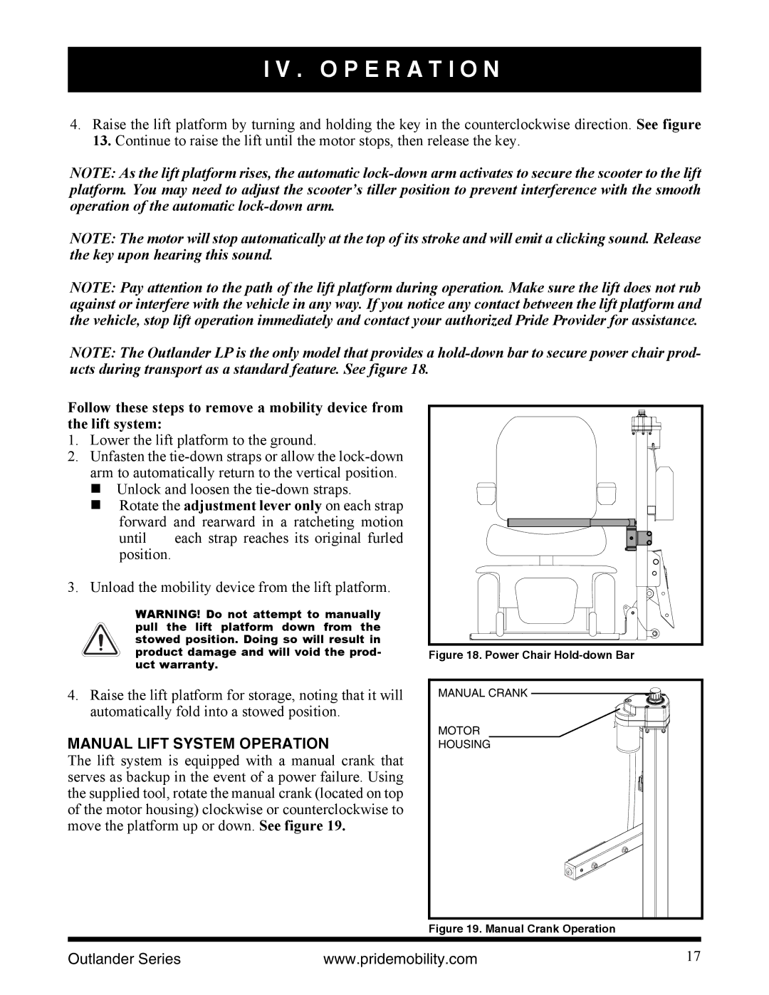 Pride Mobility Outlander LP, Outlander DE, Outlander XL manual Manual Lift System Operation, Power Chair Hold-down Bar 