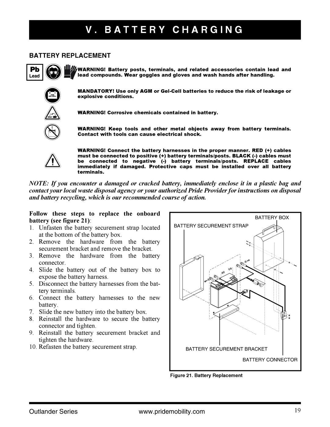 Pride Mobility Outlander DE manual Battery Replacement, Follow these steps to replace the onboard battery see figure 