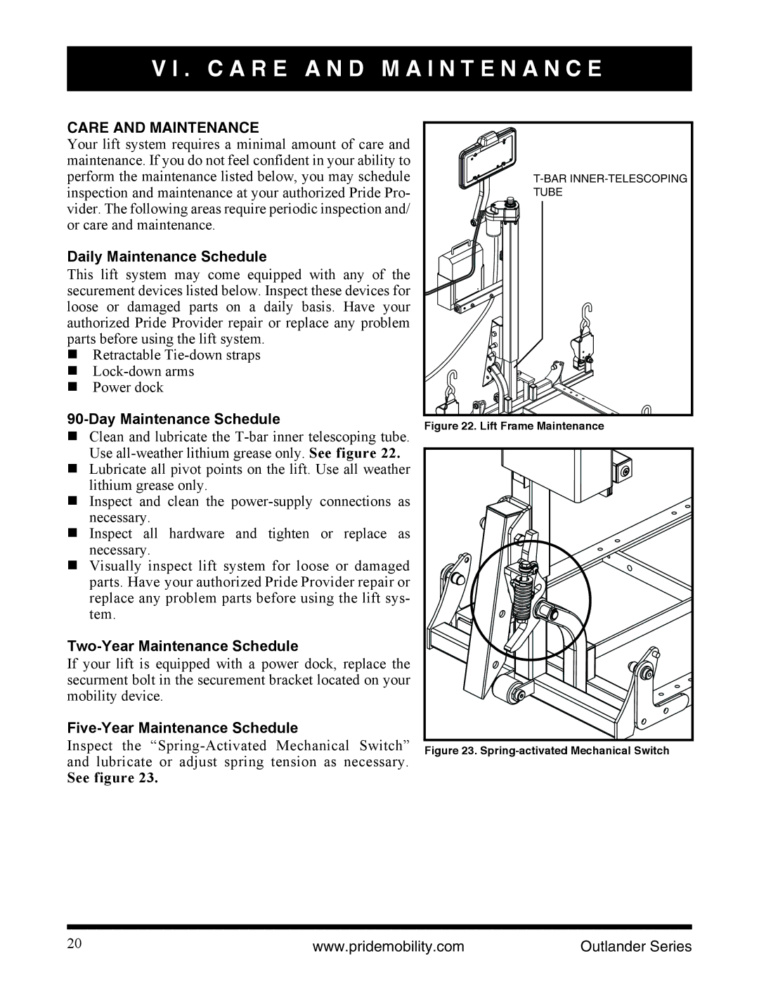 Pride Mobility Outlander DE, Outlander LP, Outlander XL manual C a R E a N D M a I N T E N a N C E, Care and Maintenance 