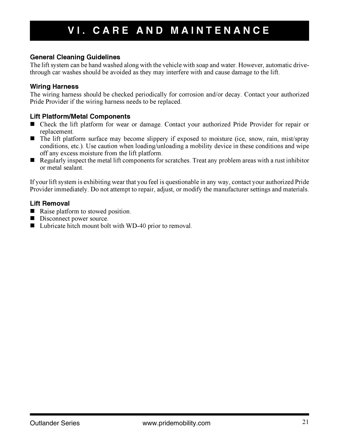 Pride Mobility Outlander LP General Cleaning Guidelines, Wiring Harness, Lift Platform/Metal Components, Lift Removal 