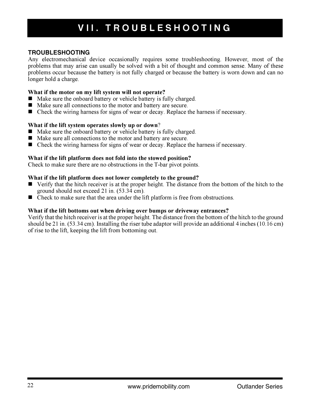 Pride Mobility Outlander XL, Outlander DE manual I . Troubleshooting, What if the motor on my lift system will not operate? 