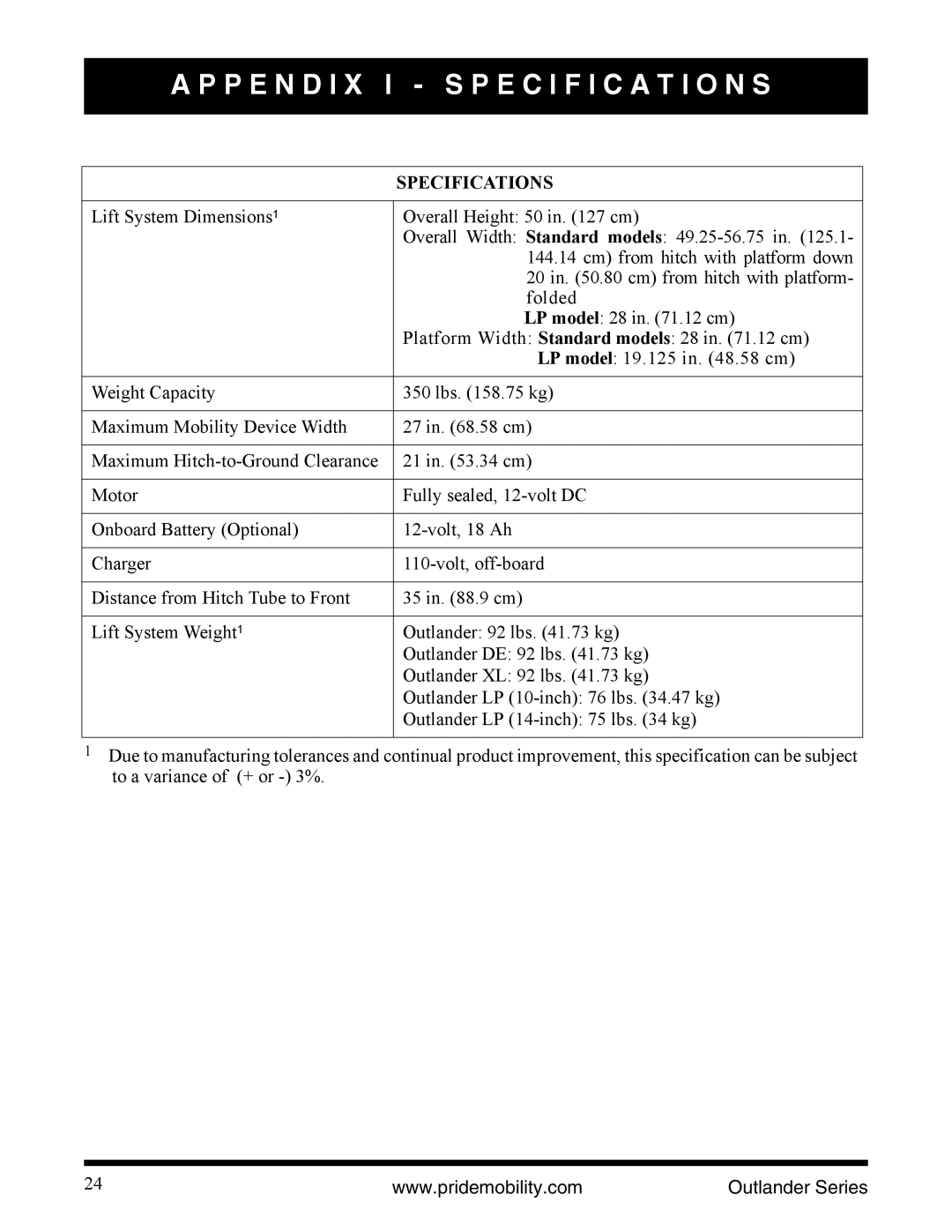 Pride Mobility Outlander DE, Outlander LP, Outlander XL manual P E N D I X I Specification S, Specifications 