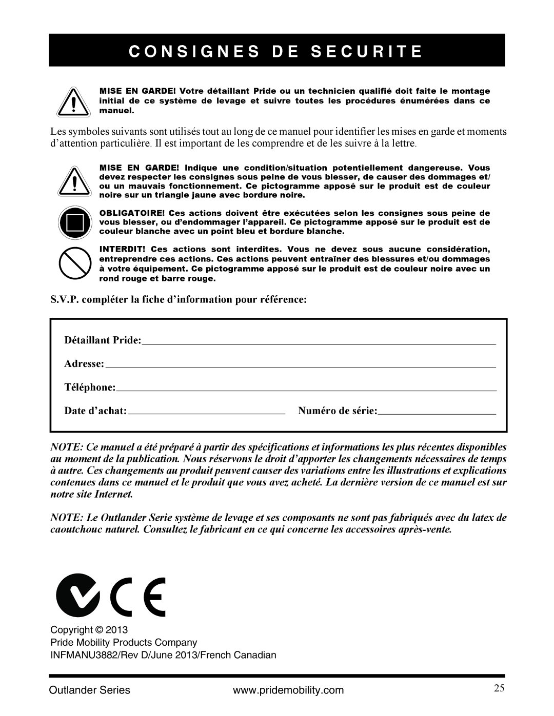 Pride Mobility Outlander LP, Outlander DE, Outlander XL manual N S I G N E S D E S E C U R I T E 