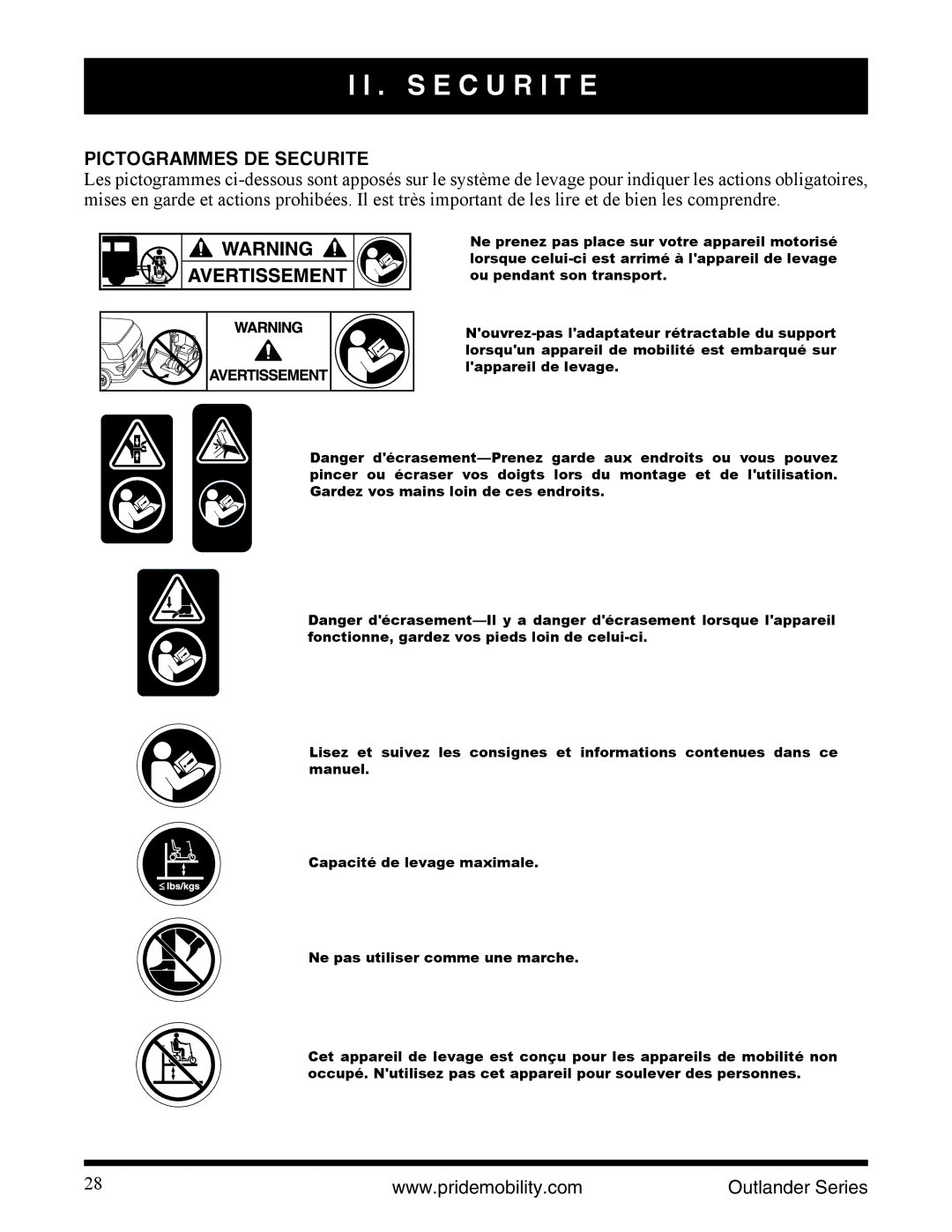 Pride Mobility Outlander DE, Outlander LP, Outlander XL manual S E C U R I T E, Pictogrammes DE Securite 