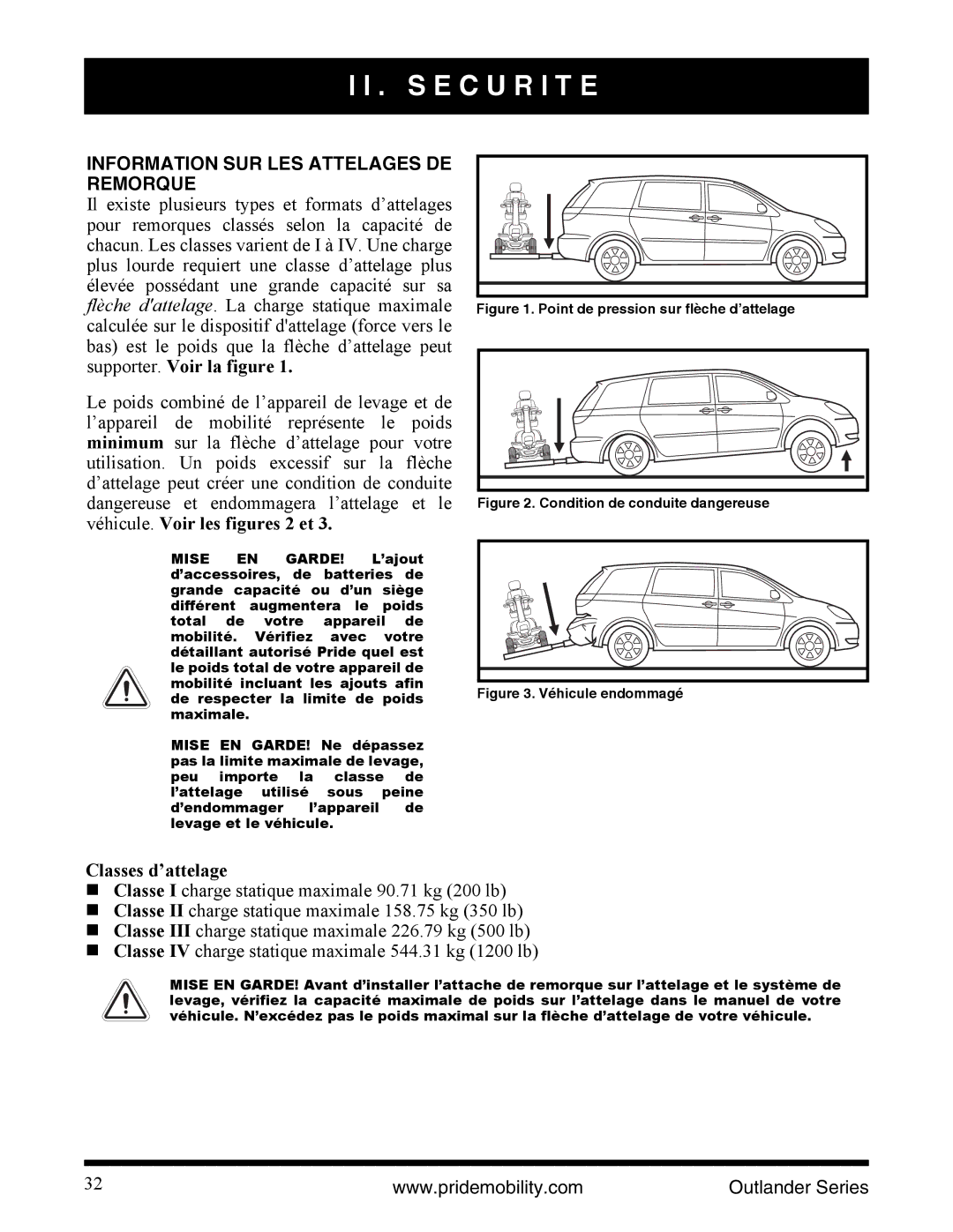 Pride Mobility Outlander DE, Outlander LP, Outlander XL manual Information SUR LES Attelages DE Remorque, Classes d’attelage 