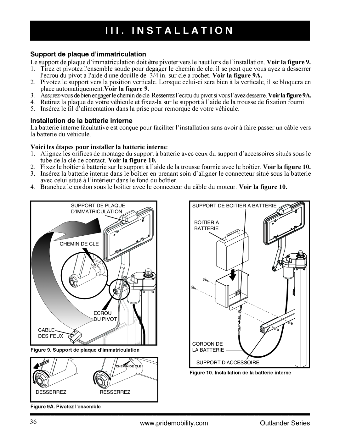 Pride Mobility Outlander DE, Outlander LP manual Support de plaque d’immatriculation, Installation de la batterie interne 