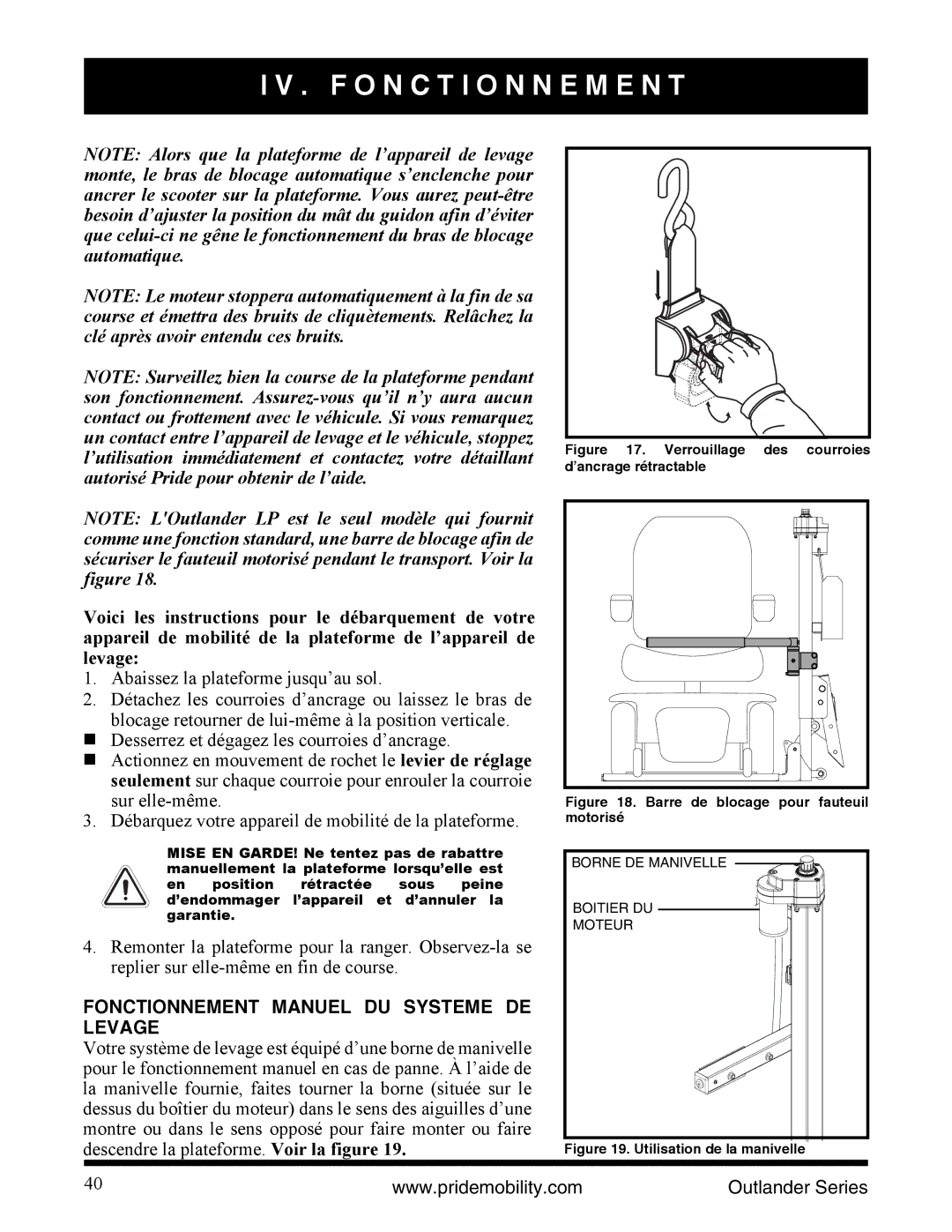 Pride Mobility Outlander DE manual Fonctionnement Manuel DU Systeme DE Levage, Barre de blocage pour fauteuil motorisé 