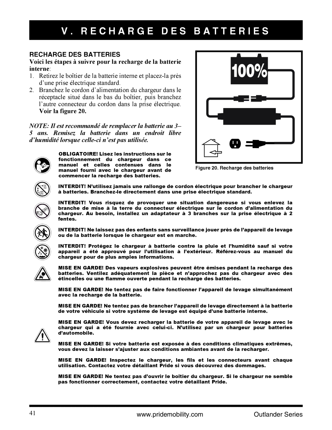 Pride Mobility Outlander LP, Outlander DE E C H a R G E D E S B a T T E R I E S, Recharge DES Batteries, Voir la figure 