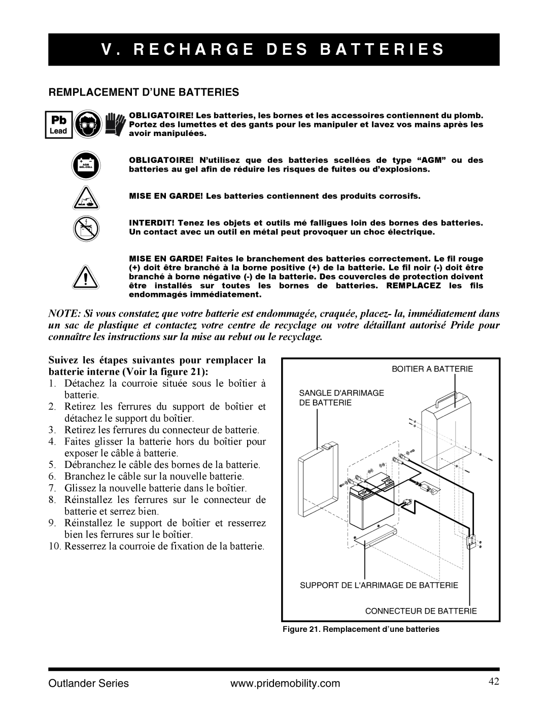 Pride Mobility Outlander XL, Outlander DE, Outlander LP manual Remplacement D’UNE Batteries, Remplacement d’une batteries 