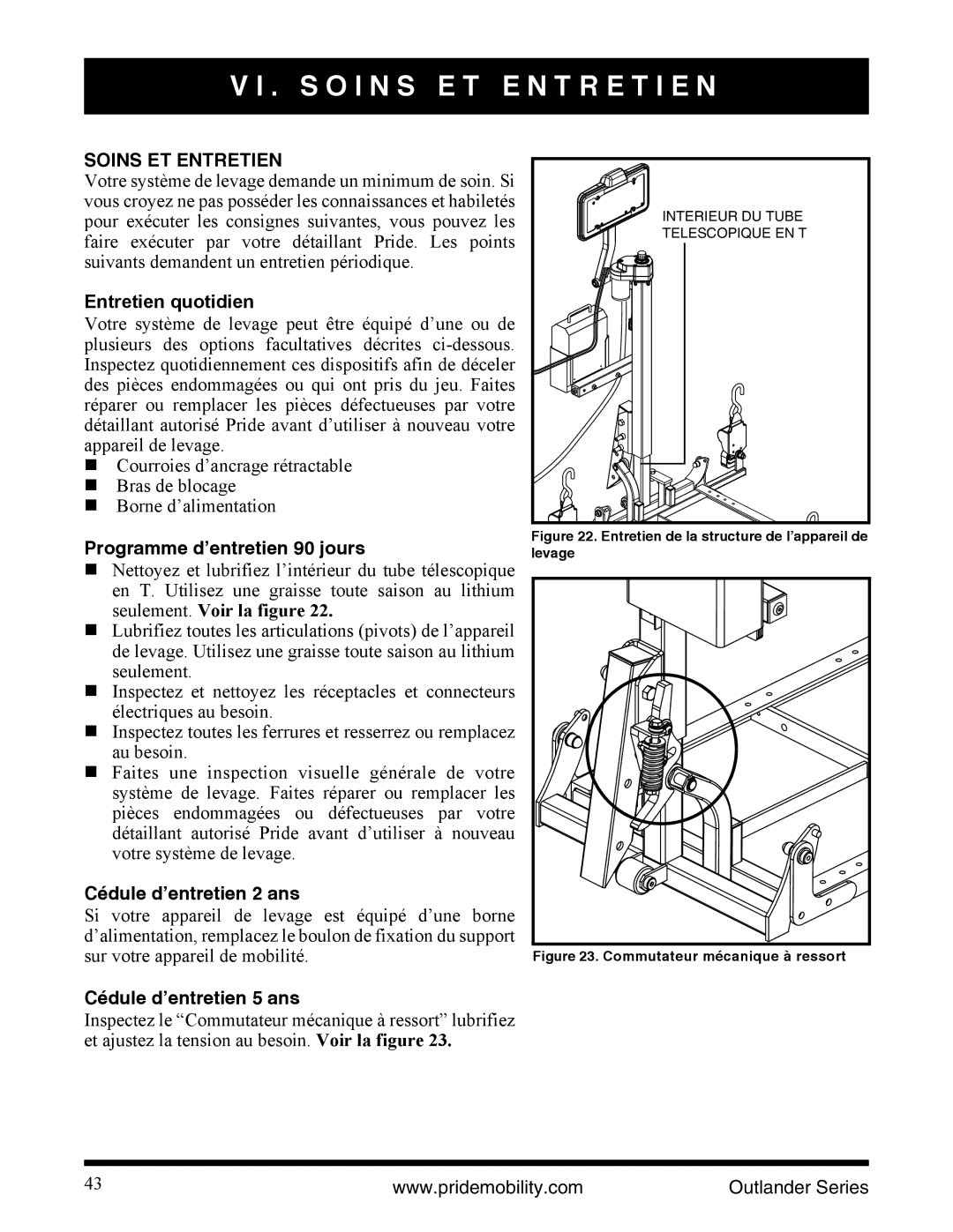 Pride Mobility Outlander DE manual S O I N S E T E N T R E T I E N, Soins ET Entretien, Programme d’entretien 90 jours 