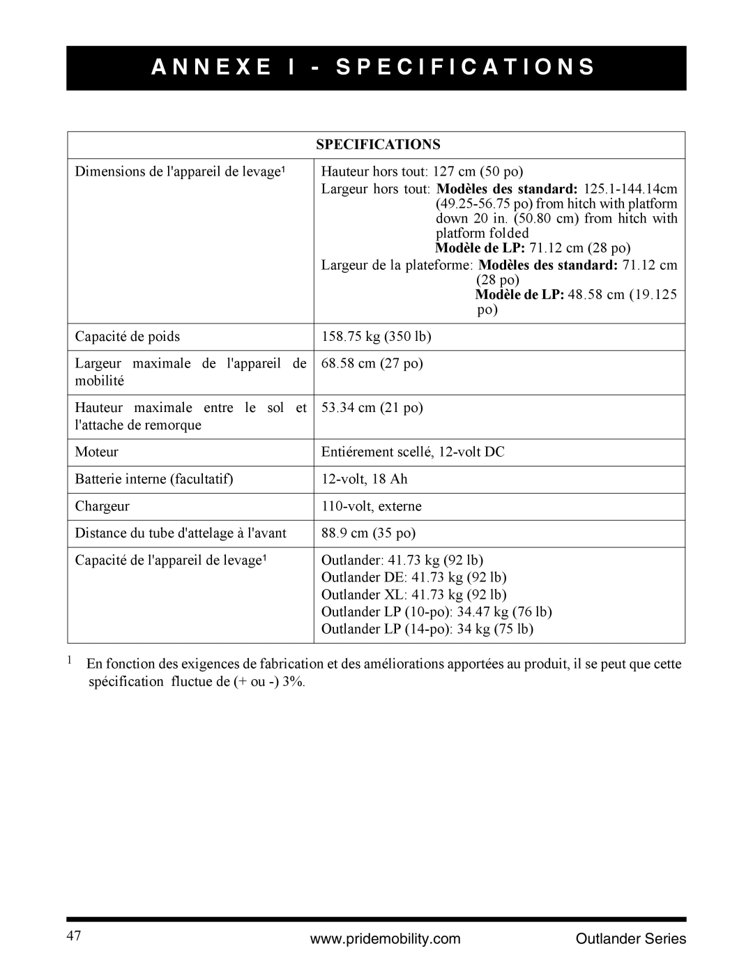 Pride Mobility Outlander DE, Outlander LP, Outlander XL manual N E X E I Specification S 