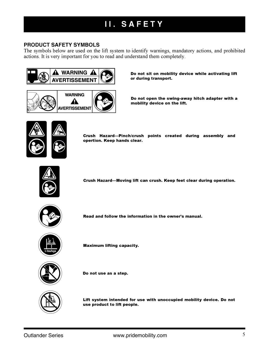 Pride Mobility Outlander LP, Outlander DE, Outlander XL manual S a F E T Y, Product Safety Symbols 