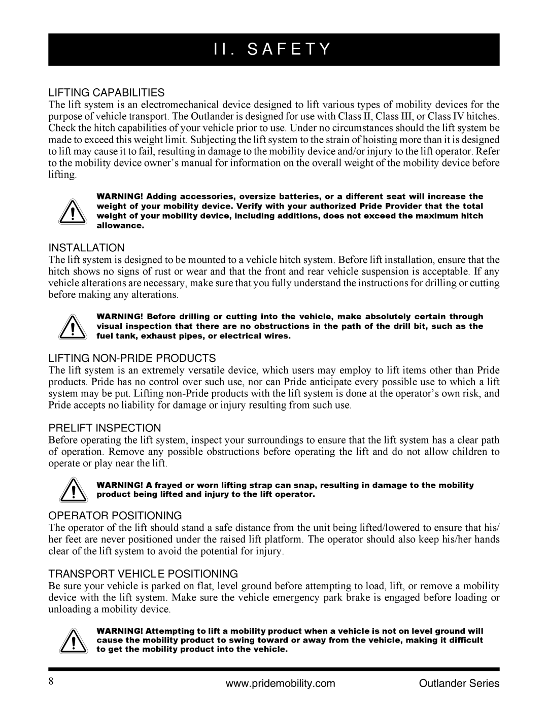 Pride Mobility Outlander DE manual Lifting Capabilities Installation, Lifting NON-PRIDE Products, Prelift Inspection 