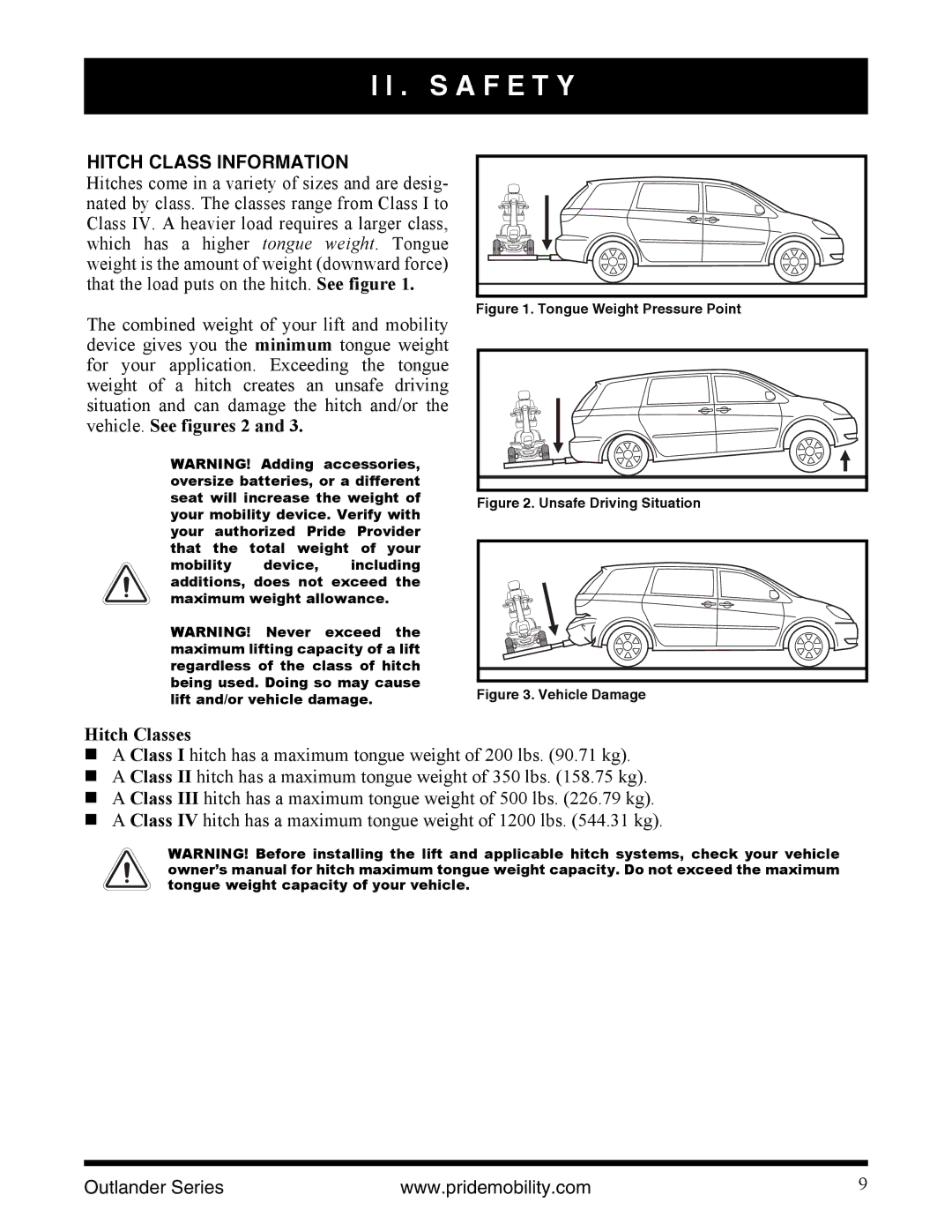 Pride Mobility Outlander LP, Outlander DE, Outlander XL manual Hitch Class Information, Hitch Classes 