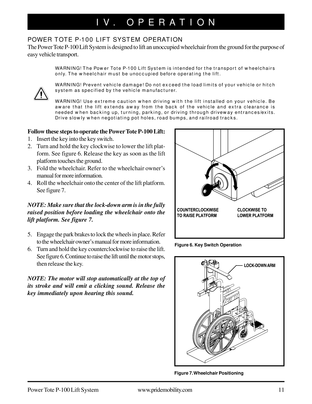 Pride Mobility manual O P E R a T I O N, Power Tote P-100 Lift System Operation 