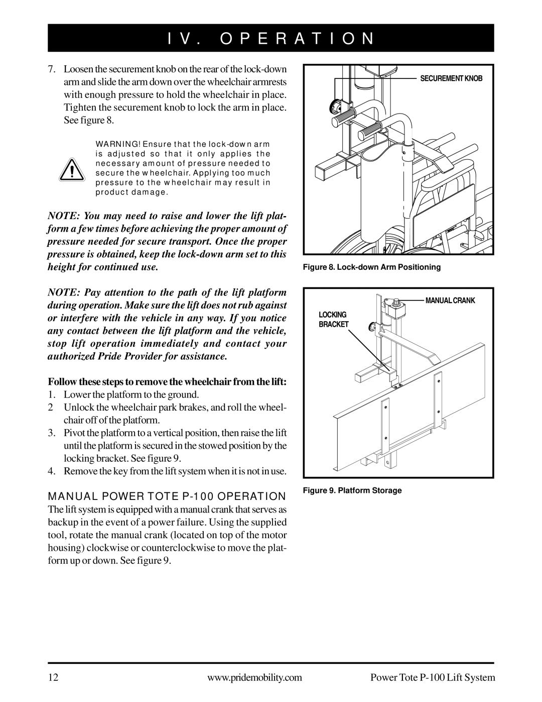 Pride Mobility manual Follow these steps to remove the wheelchair from the lift, Manual Power Tote P-100 Operation 