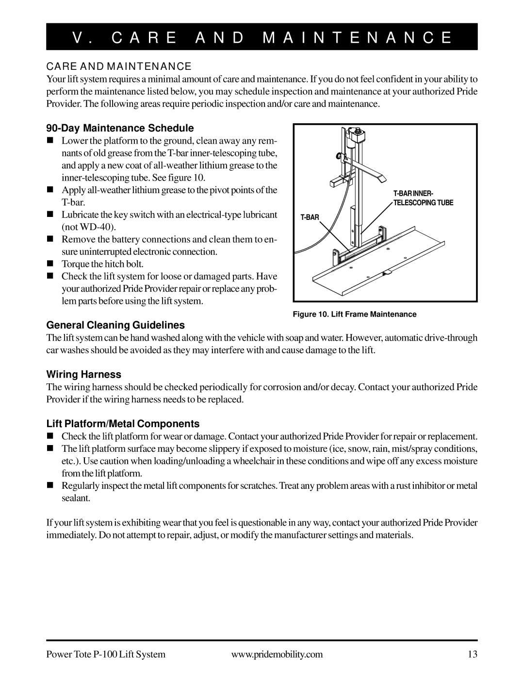 Pride Mobility P-100 manual A R E a N D M a I N T E N a N C E, Care and Maintenance 