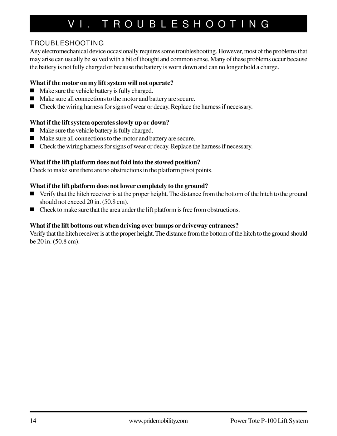 Pride Mobility P-100 manual Troubleshooting, What if the motor on my lift system will not operate? 