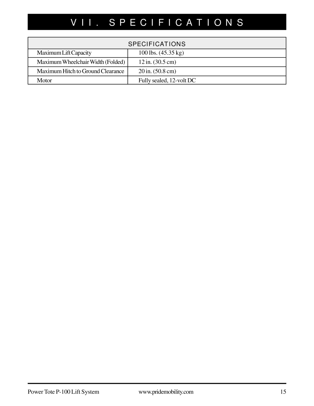 Pride Mobility P-100 manual I . Specification S, Specifications 