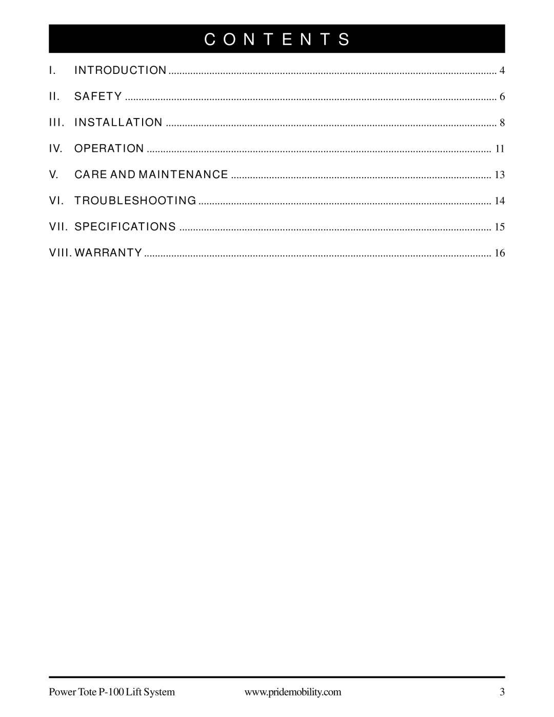 Pride Mobility P-100 manual N T E N T S, Iii 