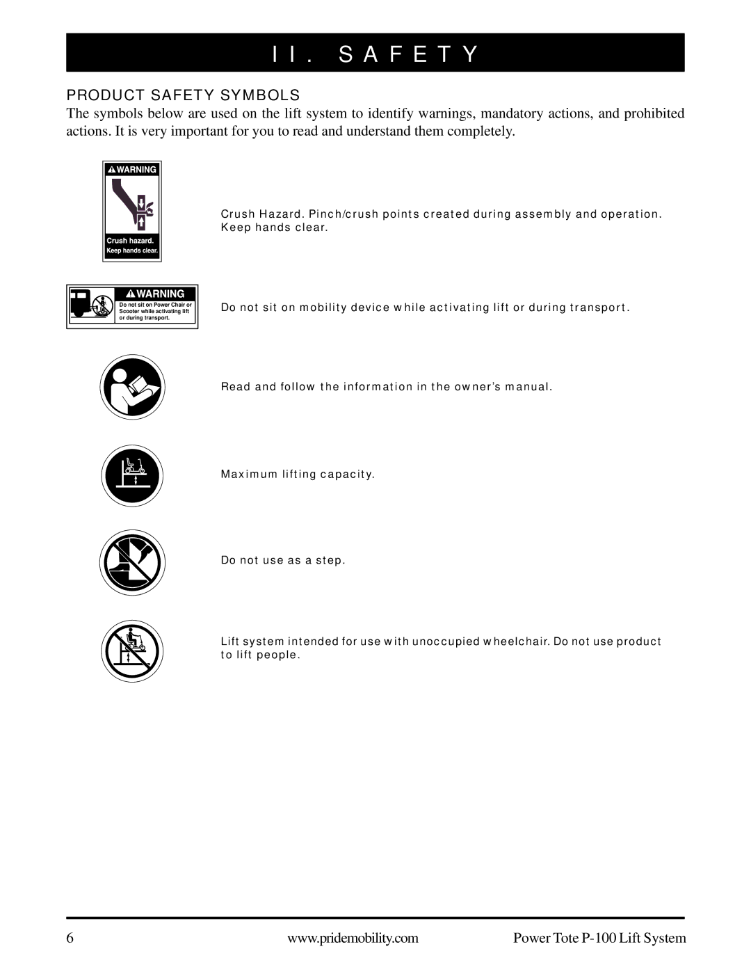 Pride Mobility P-100 manual S a F E T Y, Product Safety Symbols 