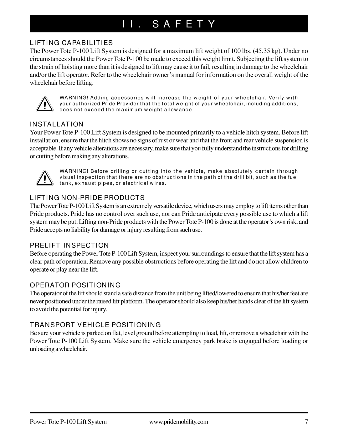 Pride Mobility P-100 manual Lifting Capabilities Installation, Lifting NON-PRIDE Products, Prelift Inspection 
