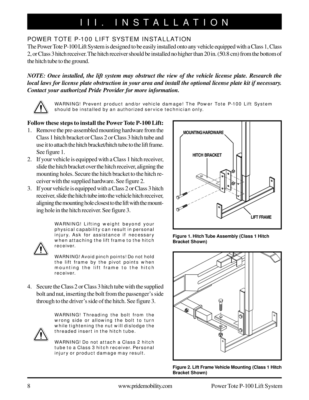 Pride Mobility manual I . Installation, Power Tote P-100 Lift System Installation 