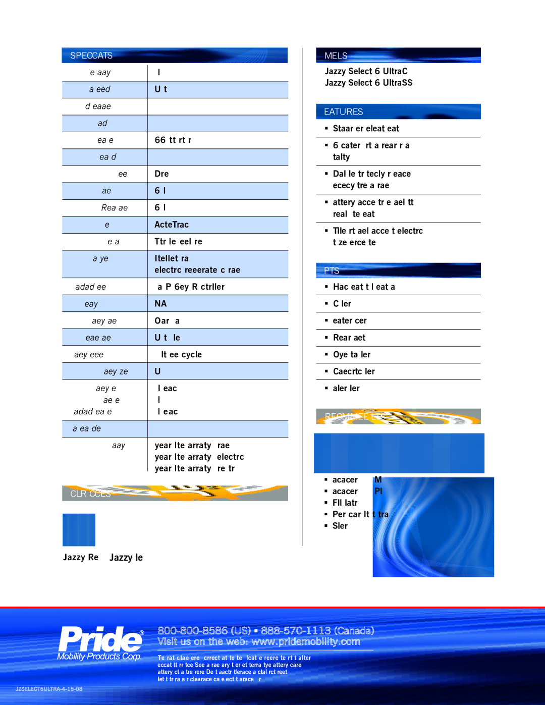 Pride Mobility PG VR2 manual Specifications, Color Choices, Models, Features, Options, Recommended Lifts 