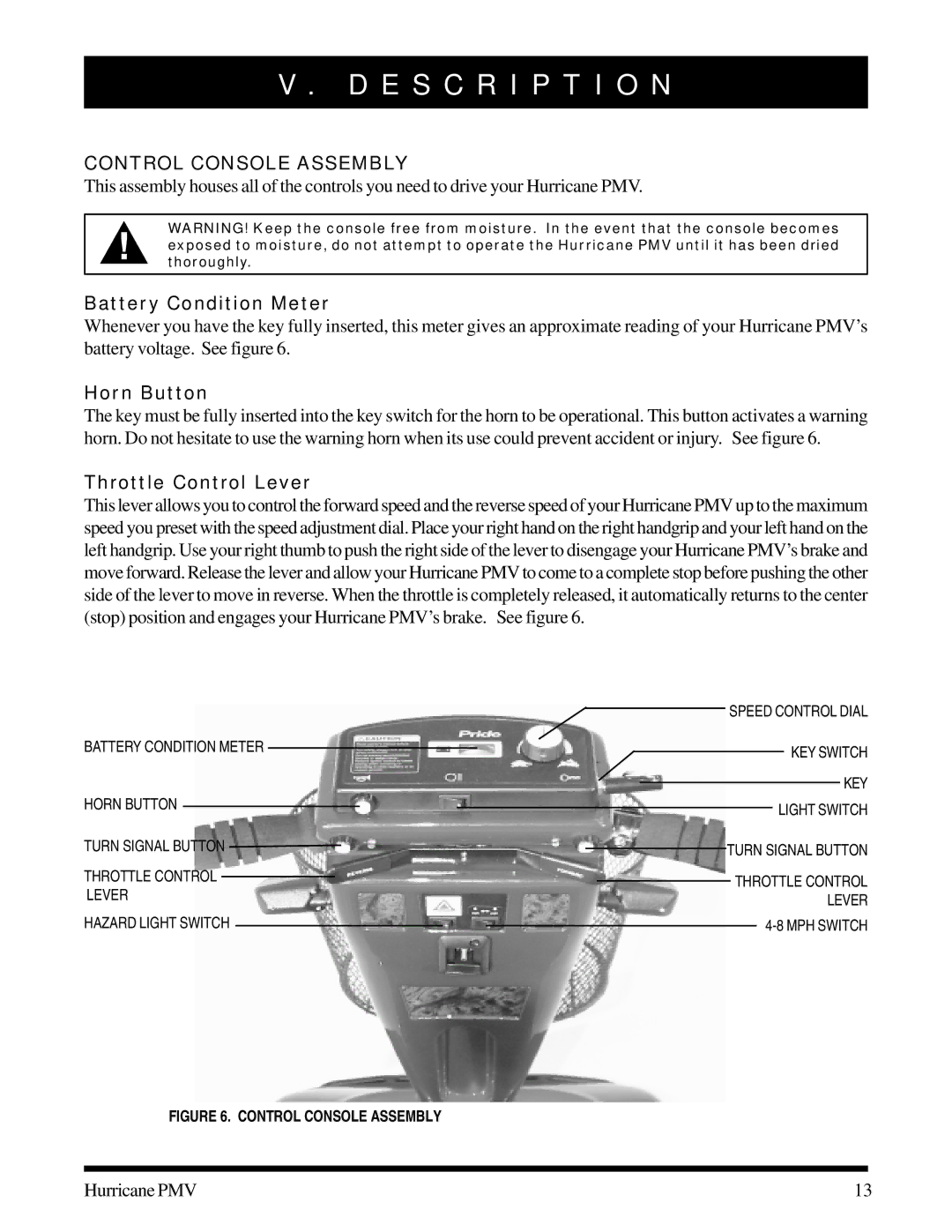 Pride Mobility PMV-501, PMV-505 manual E S C R I P T I O N, Control Console Assembly, Battery Condition Meter, Horn Button 