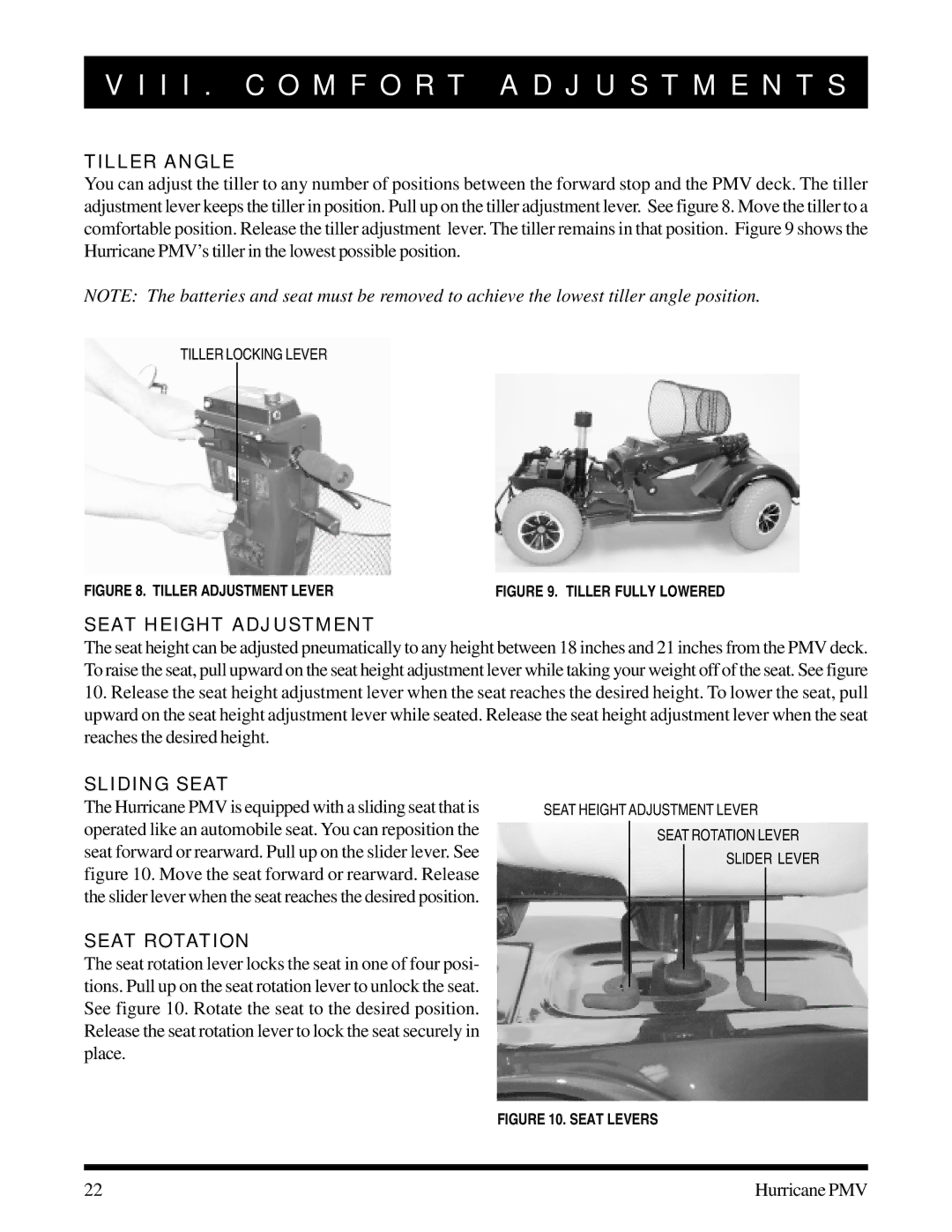 Pride Mobility PMV-503 manual I I . C O M F O R T a D J U S T M E N T S, Tiller Angle, Seat Height Adjustment, Sliding Seat 