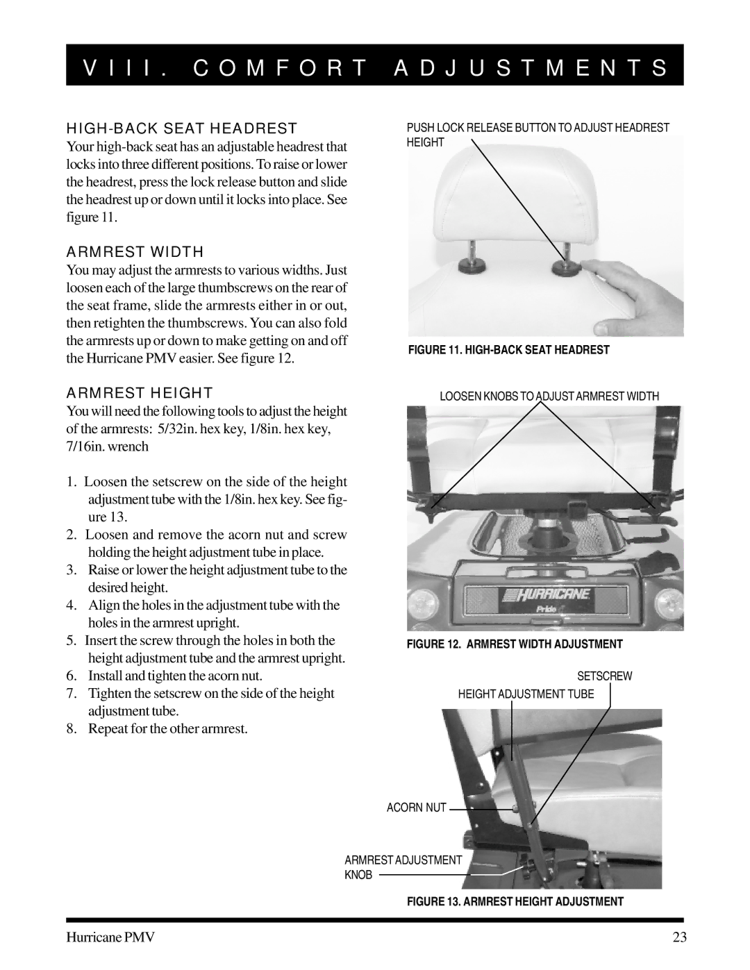 Pride Mobility PMV-501, PMV-505, PMV-500, PMV-503, PMV-502 manual HIGH-BACK Seat Headrest, Armrest Width, Armrest Height 