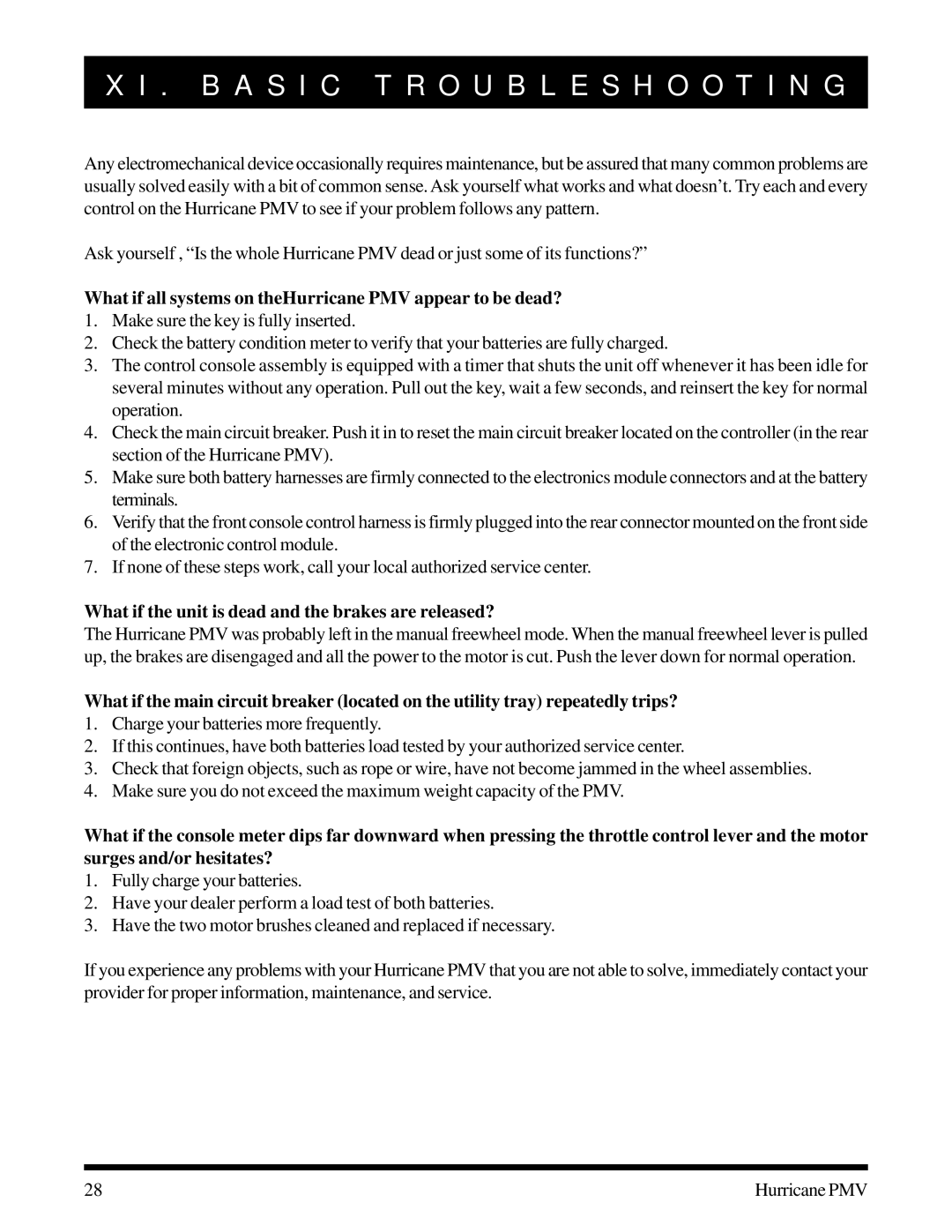 Pride Mobility PMV-501, PMV-505 manual B a S I C Troubleshooting, What if all systems on theHurricane PMV appear to be dead? 