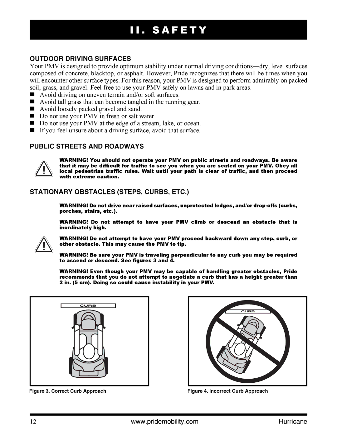 Pride Mobility PMV5001 manual Outdoor Driving Surfaces, Correct Curb Approach 